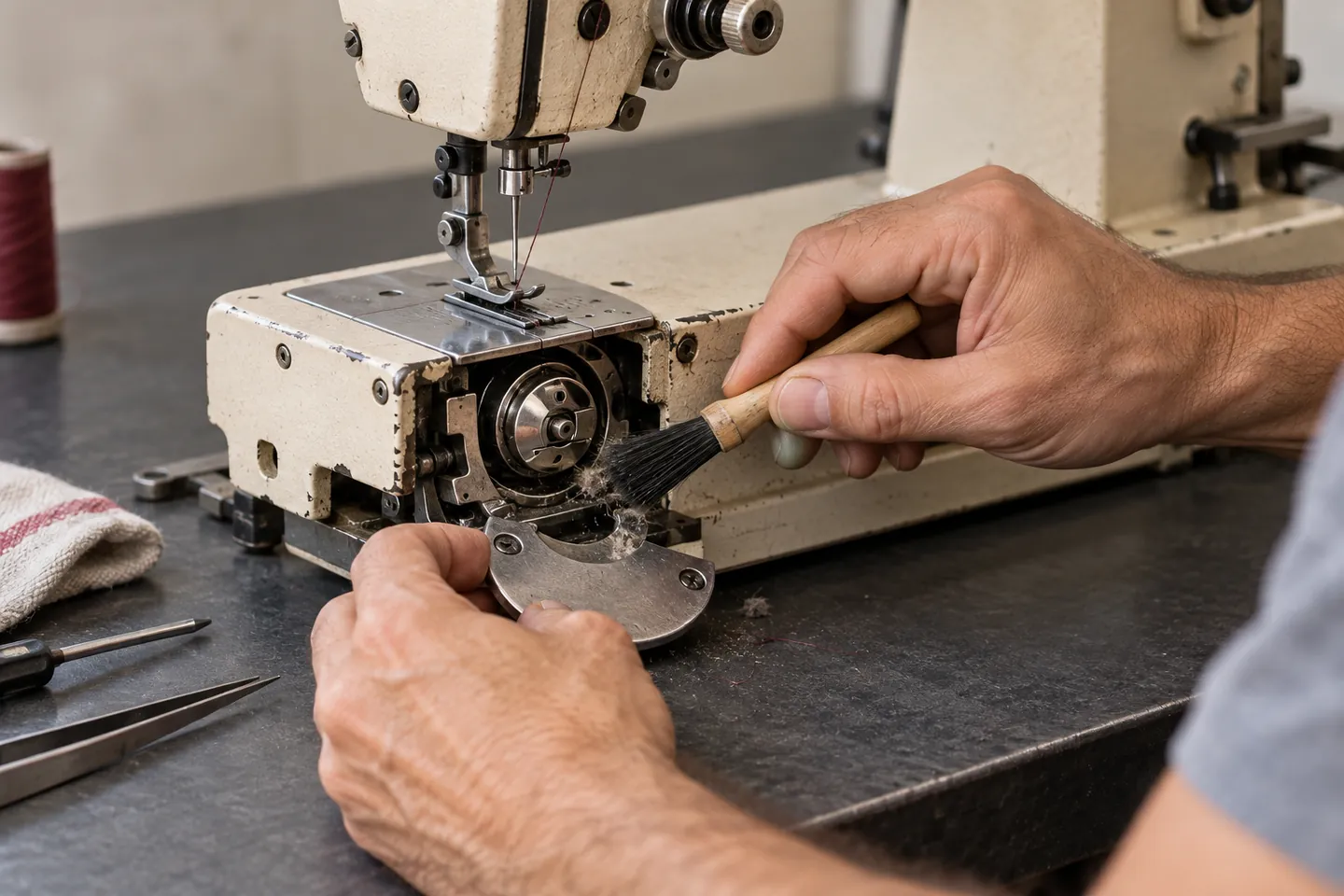 Manos limpiando el mecanismo de una máquina de coser con un cepillo