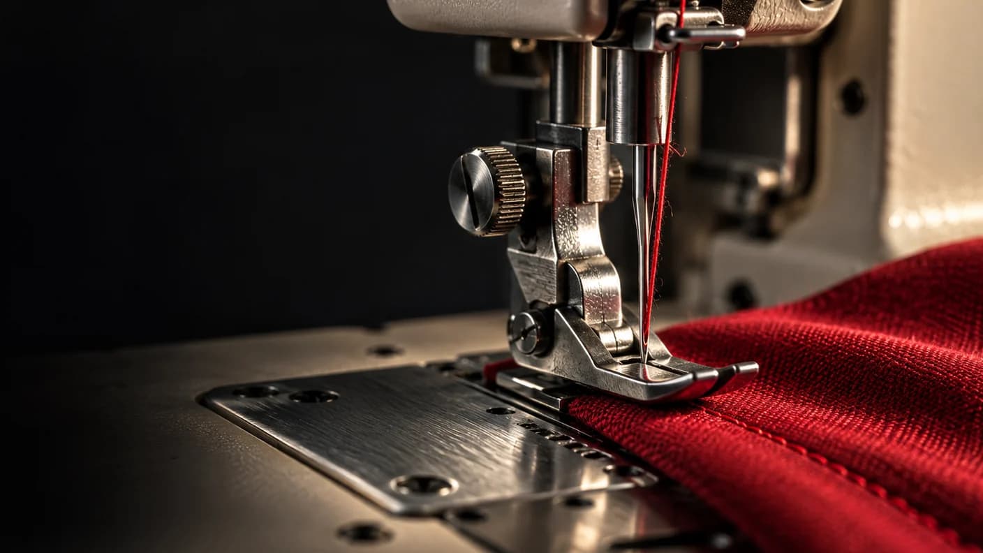 Prensatelas y aguja de una máquina de coser con hilo rojo